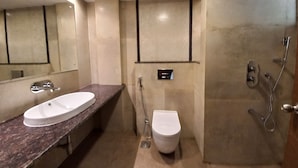 A bathroom with a marble sink, a toilet, and a shower area. - Famafa Beach Resort (Arambol)