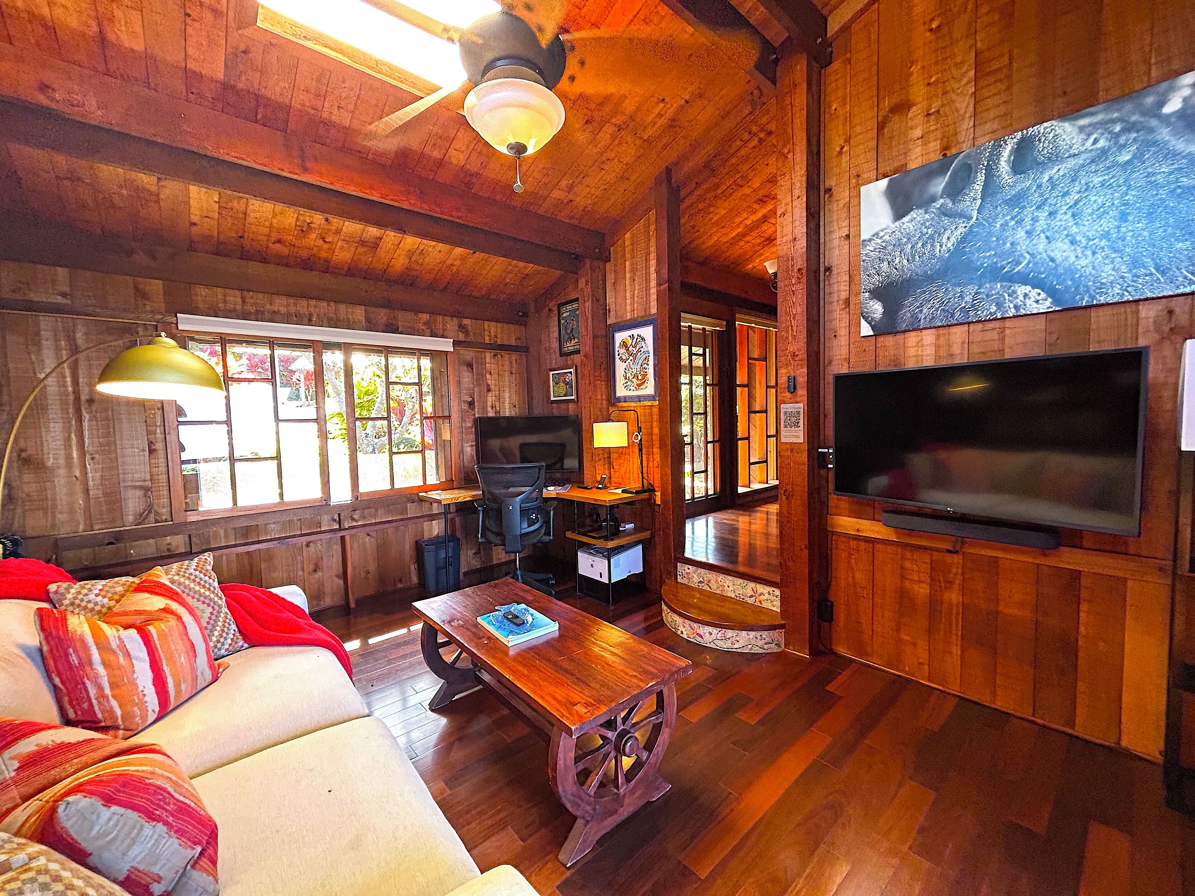 Smart TV, books, music library, stereo