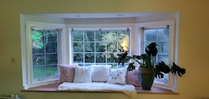 A bay window with a cushioned bench, a potted plant, and a view of greenery.