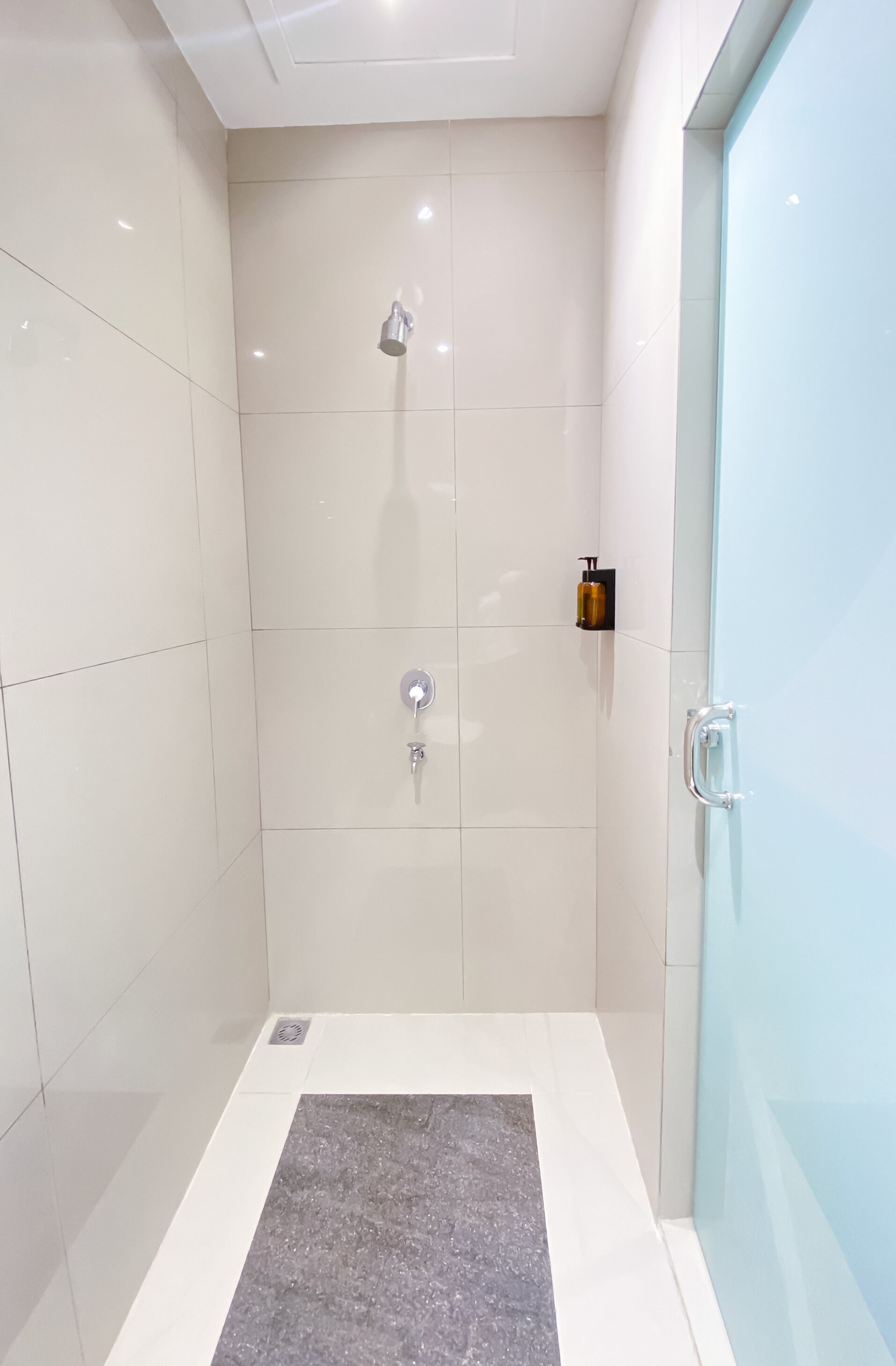 Un moderno espacio de ducha con puerta de vidrio, ducha y panel de control.