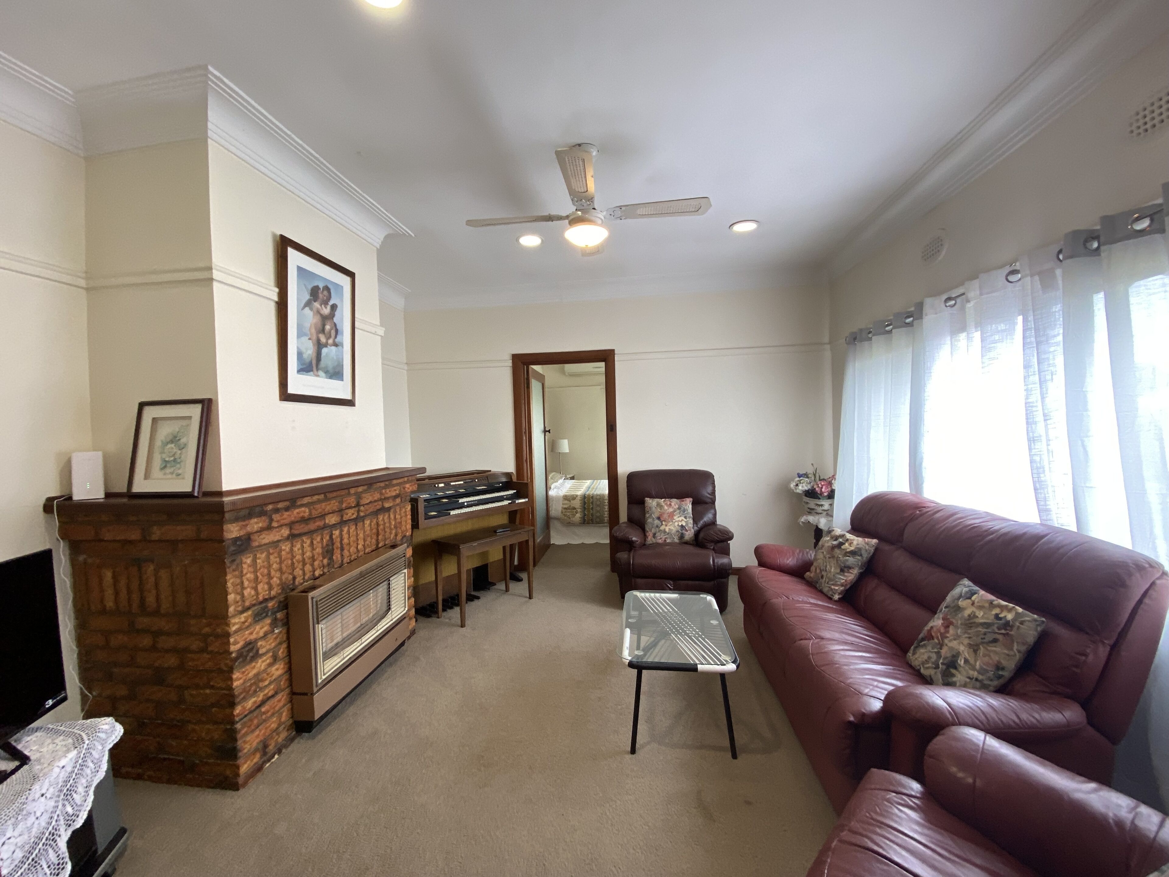 Flat-screen TV, fireplace