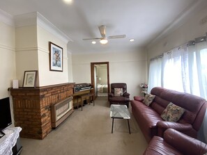 Flat-screen TV, fireplace