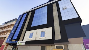 A modern building with a glass facade, a sign for 'Blueberry Inn', and a 'treebo' logo. - Treebo Blueberry Inn (Bengaluru)