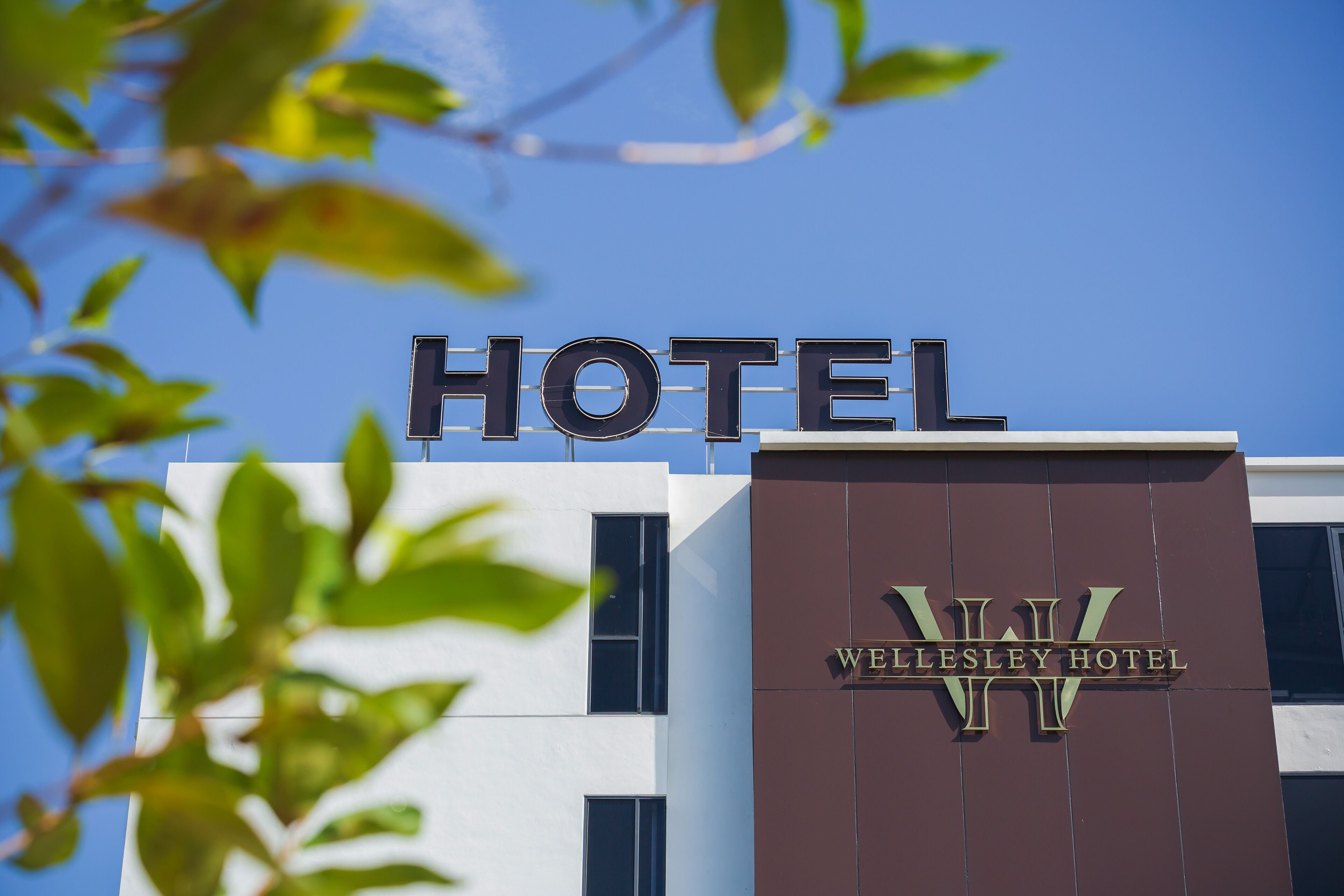 A hotel sign with the name "Wellesley Hotel" and a large "HOTEL" sign above it.
