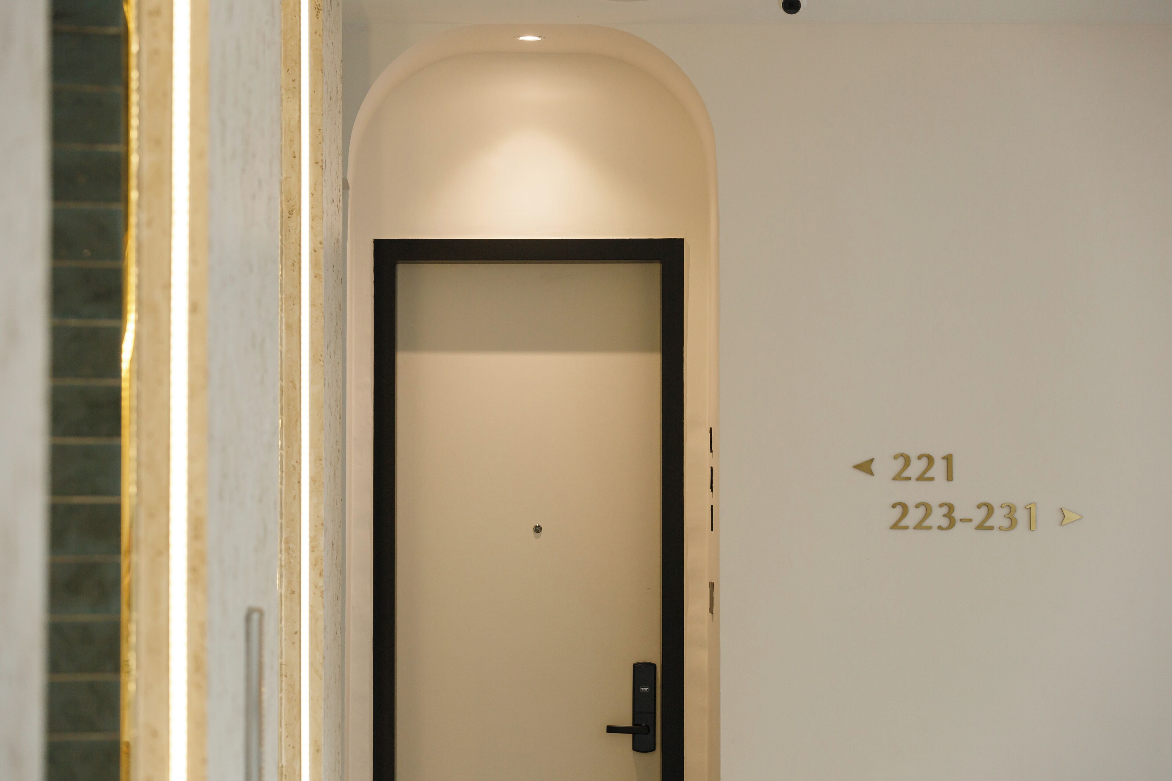 Une porte avec une poignée noire et un petit trou au centre. Sur le mur, à droite de la porte, on peut voir les numéros « 221 » et « 223-231 ».