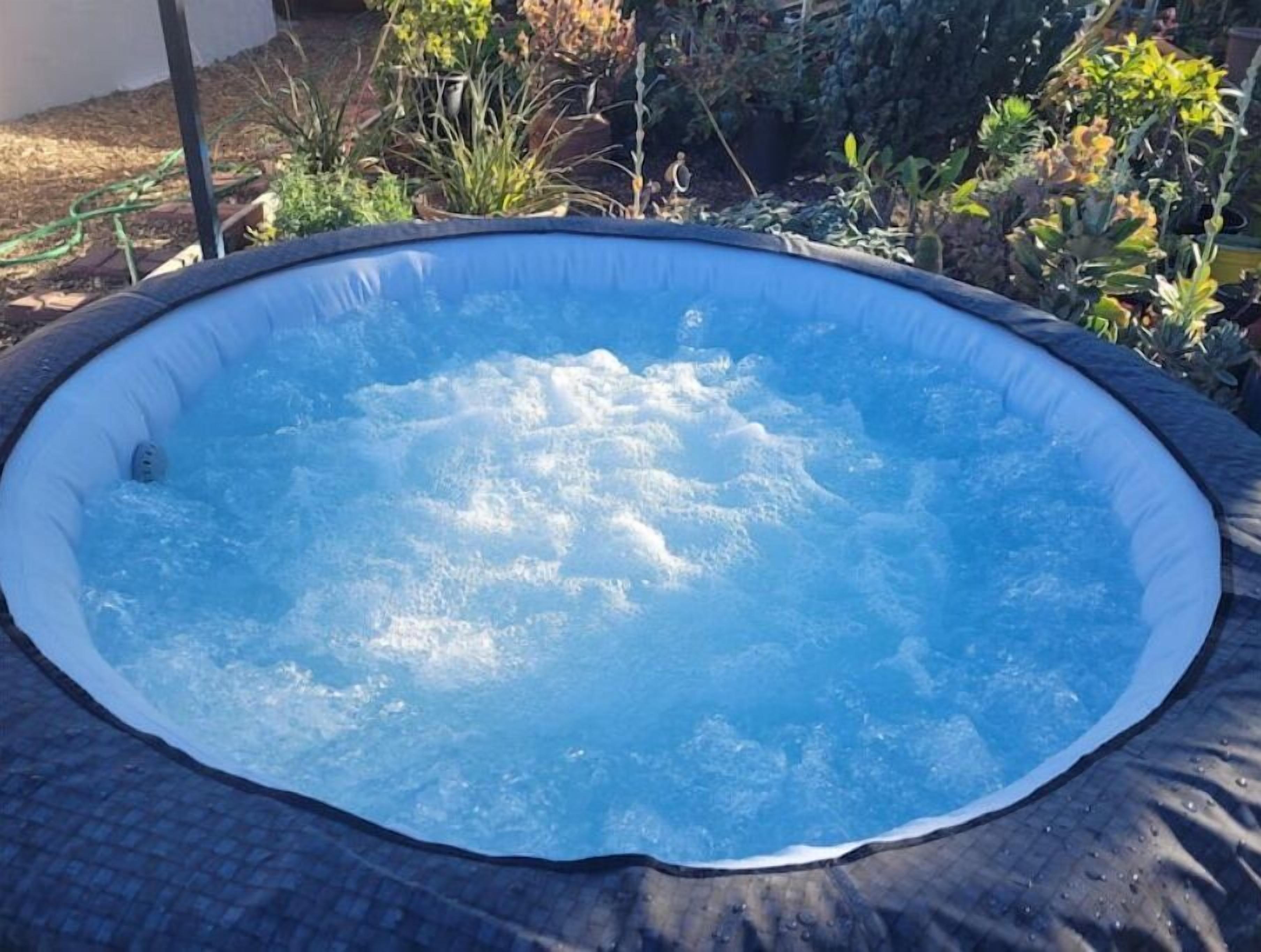 Una vasca idromassaggio circondata da piante e un patio in mattoni.