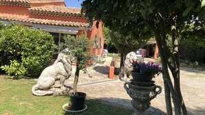 Une cour ornée d’une statue de lion, d’un arbre en pot et d’une urne en pierre remplie de fleurs.