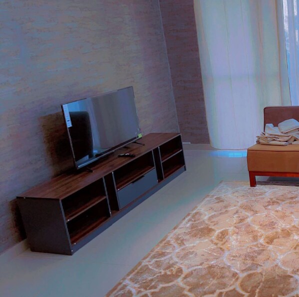 A modern living room with a flat-screen TV on a wooden stand, a bed with a headboard, and a patterned rug.