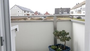 A balcony with a potted plant, overlooking a residential area with houses.