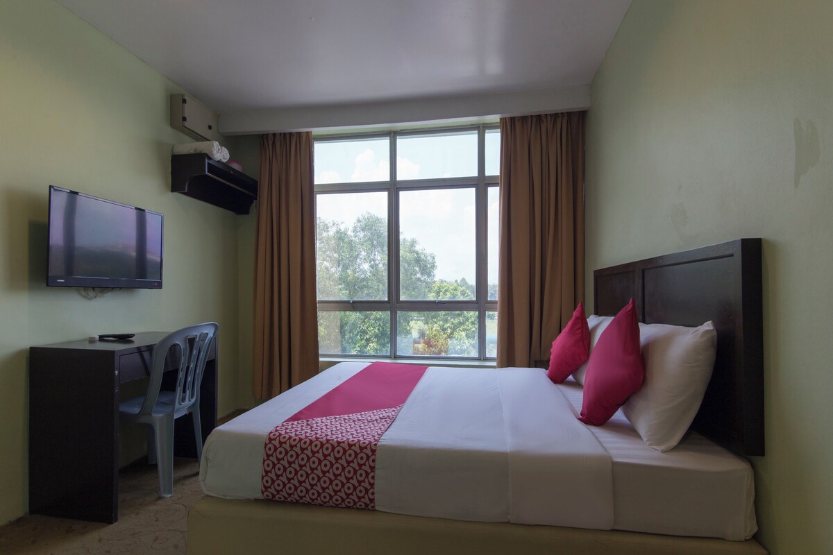 A hotel room with a bed, a desk, a chair, a television, and a window with curtains.