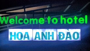 A neon sign with "Welcome to hotel HOA ANH DAO" in green and white letters. - Hoa Anh Dao Garden Hotel (Ho Chi Minh City)