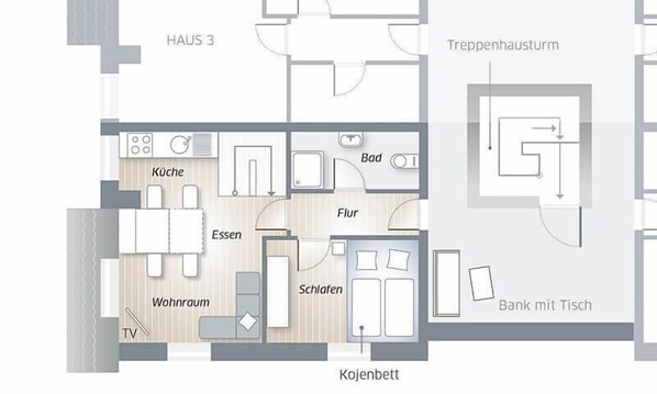 A hotel layout with a kitchen, dining area, living room, bathroom, and a small balcony. - In the heart of Hörnum, near the beach (Hörnum auf Sylt)