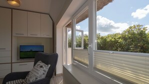 Ein Zimmer mit Fernseher auf einem weißen Schrank, einem Sessel mit gemustertem Kissen und einem Fenster mit Jalousien mit Blick auf Grünflächen.