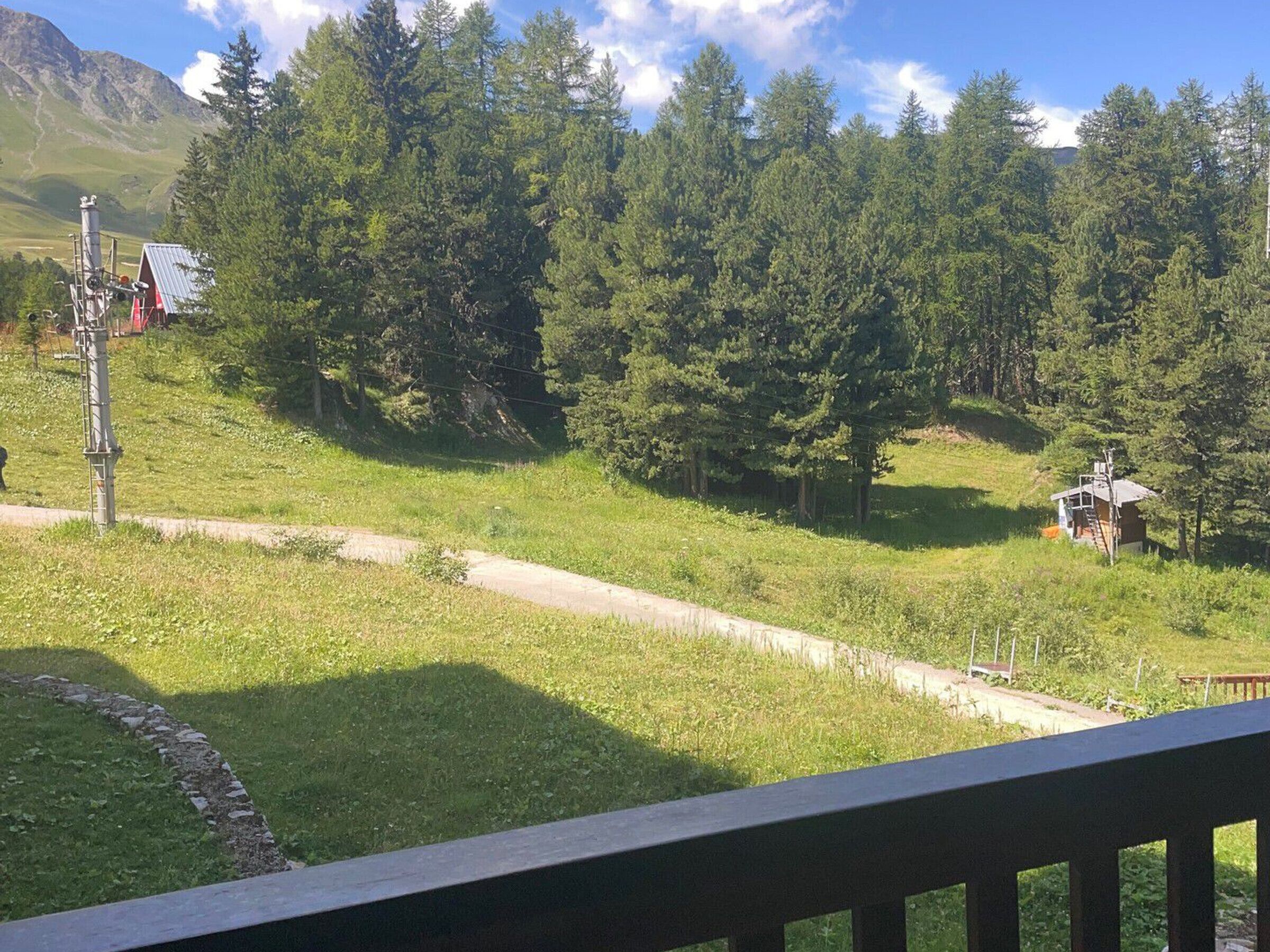 Eine gebirgige Landschaft mit einer Holzterrasse mit Blick auf eine Wiese und dichten Wald.