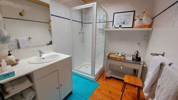 Salle d'eau avec douche et lavabo.
