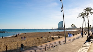 Ein Strand mit einer Holzpromenade, Palmen und einem großen Gebäude im Hintergrund.