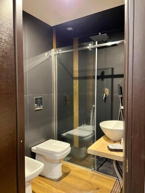 Et moderne badeværelse med en brusekabine i glas, toilet og håndvask med spejl.