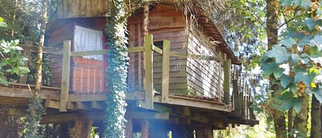A treehouse with a wooden exterior, a small balcony, and a window with a white curtain.