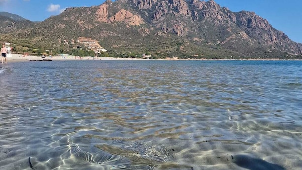 Una playa despejada con una montaña al fondo.