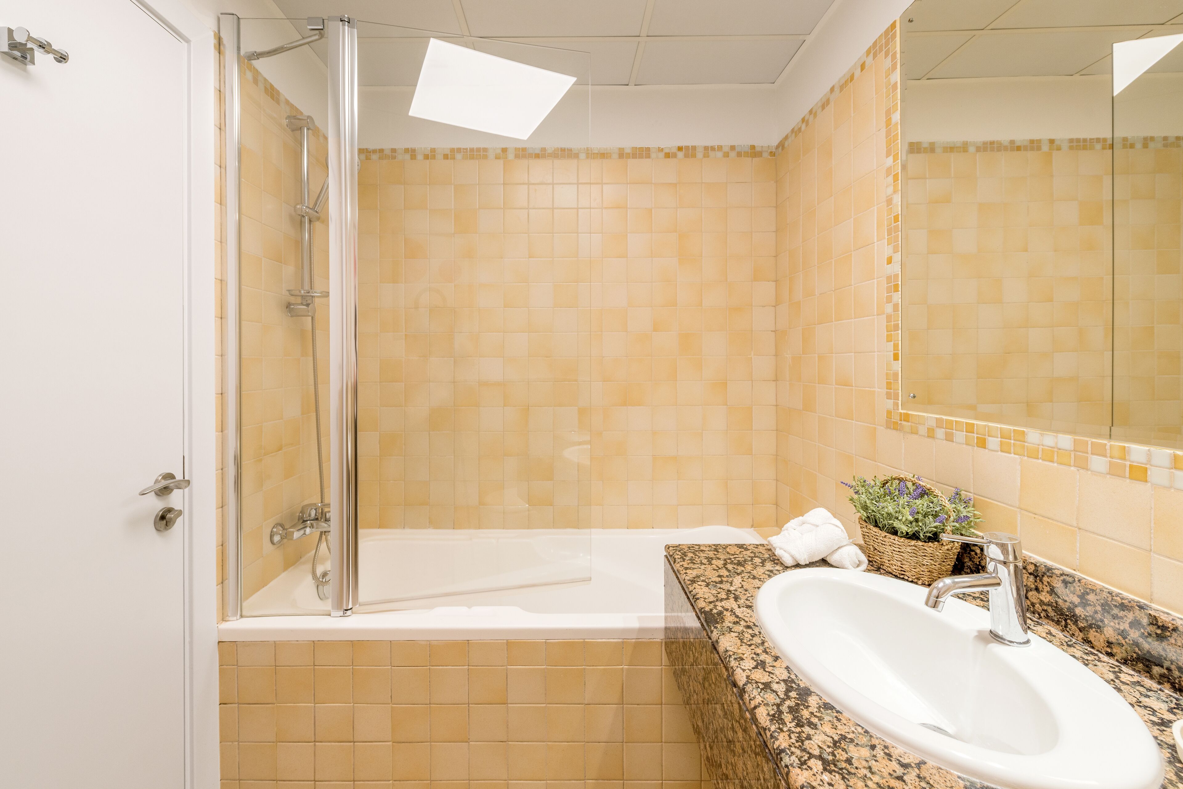 A bathroom with a shower, a bathtub, a sink, and a mirror.