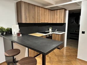 Apartment | Private kitchen | Fridge, microwave, oven, stovetop
