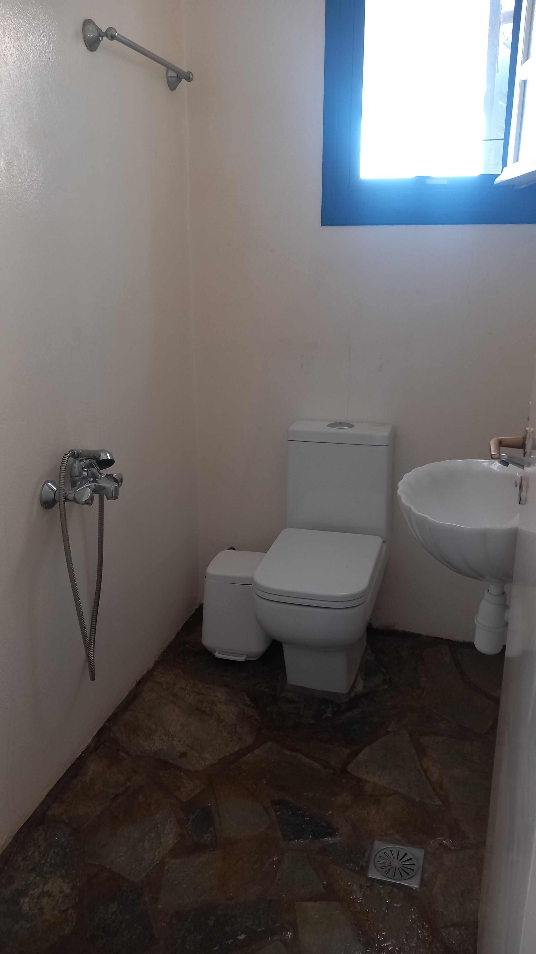 Ein Badezimmer mit Toilette, Waschbecken und Dusche.