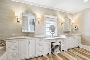 A bathroom with two sinks, a vanity with drawers, a mirror, and wall-mounted lighting. - South Of 30a Close To The Beach + Watercolor Beach Club Evergreen Dream 5 Bedroom Home by RedAwning (Santa Rosa Beach)