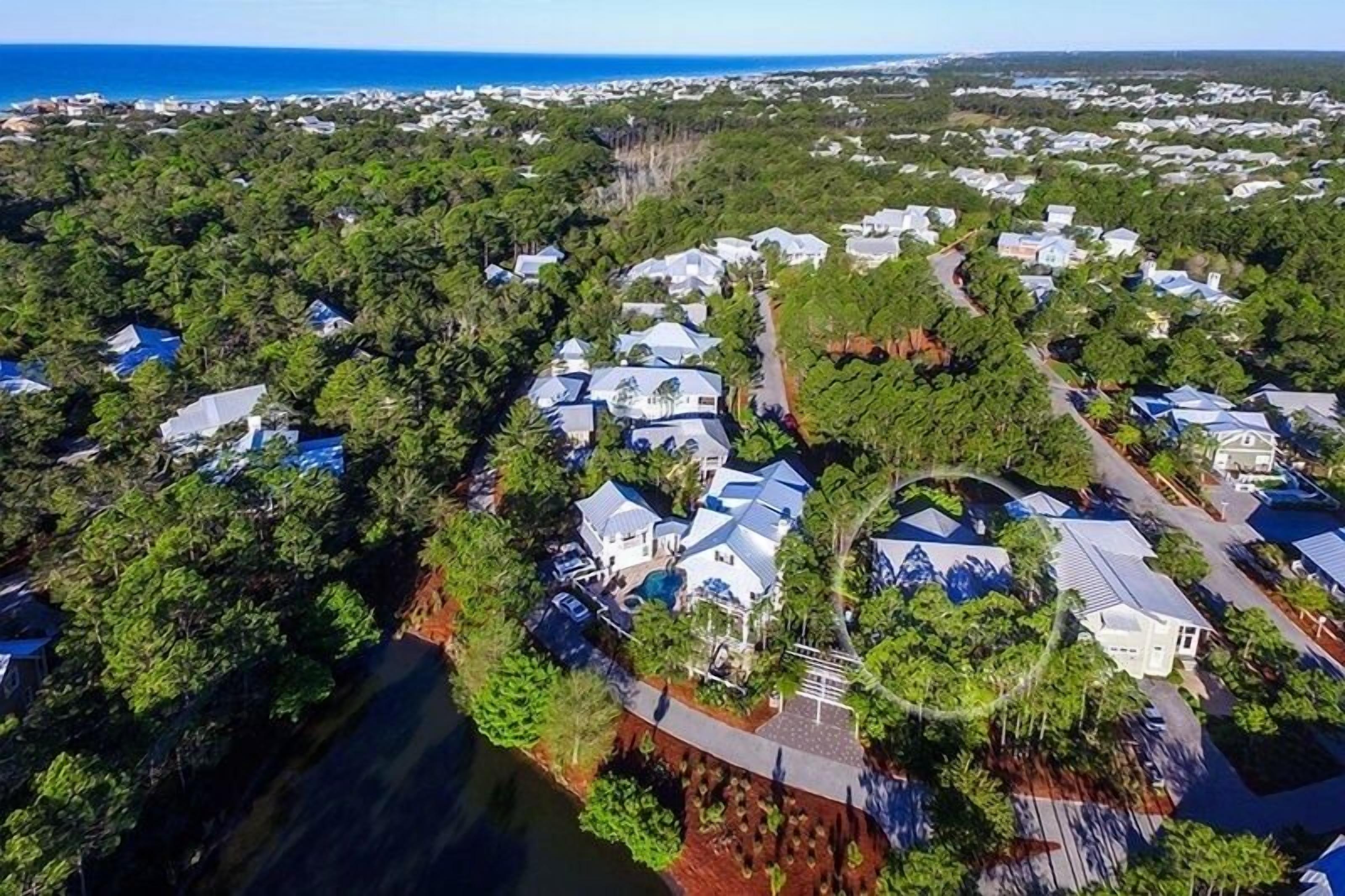 An aerial view of a residential area with houses surrounded by dense greenery and a body of water.