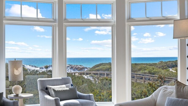 A room with large windows offering a view of the ocean and beach. - GULF VIEWS from ALL Bedrooms! 308 Compass Point 1 in WaterSound Short walk to the beach and pool 3 Condo by RedAwning (Santa Rosa Beach)