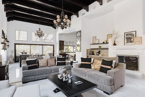 TV, fireplace, books