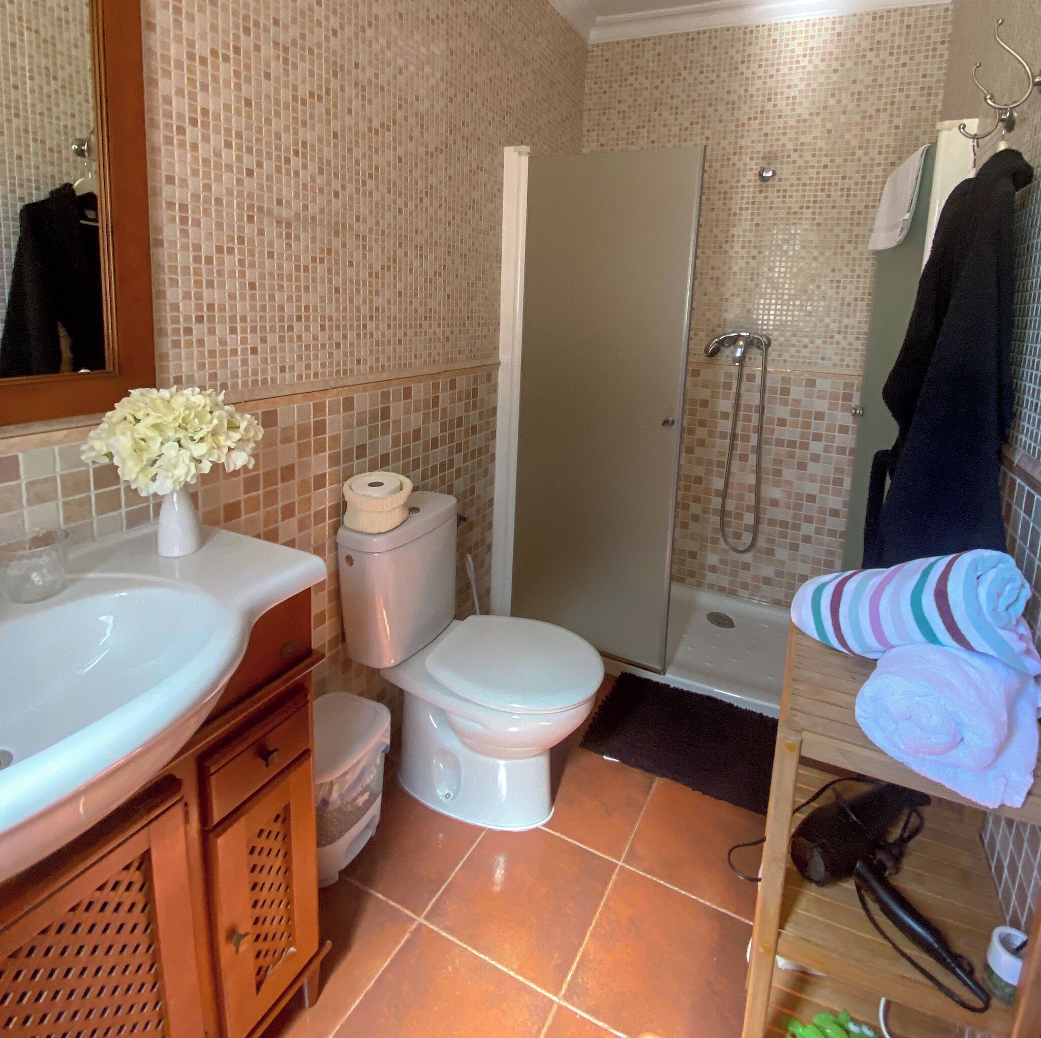 Un bagno con lavandino, WC e doccia.