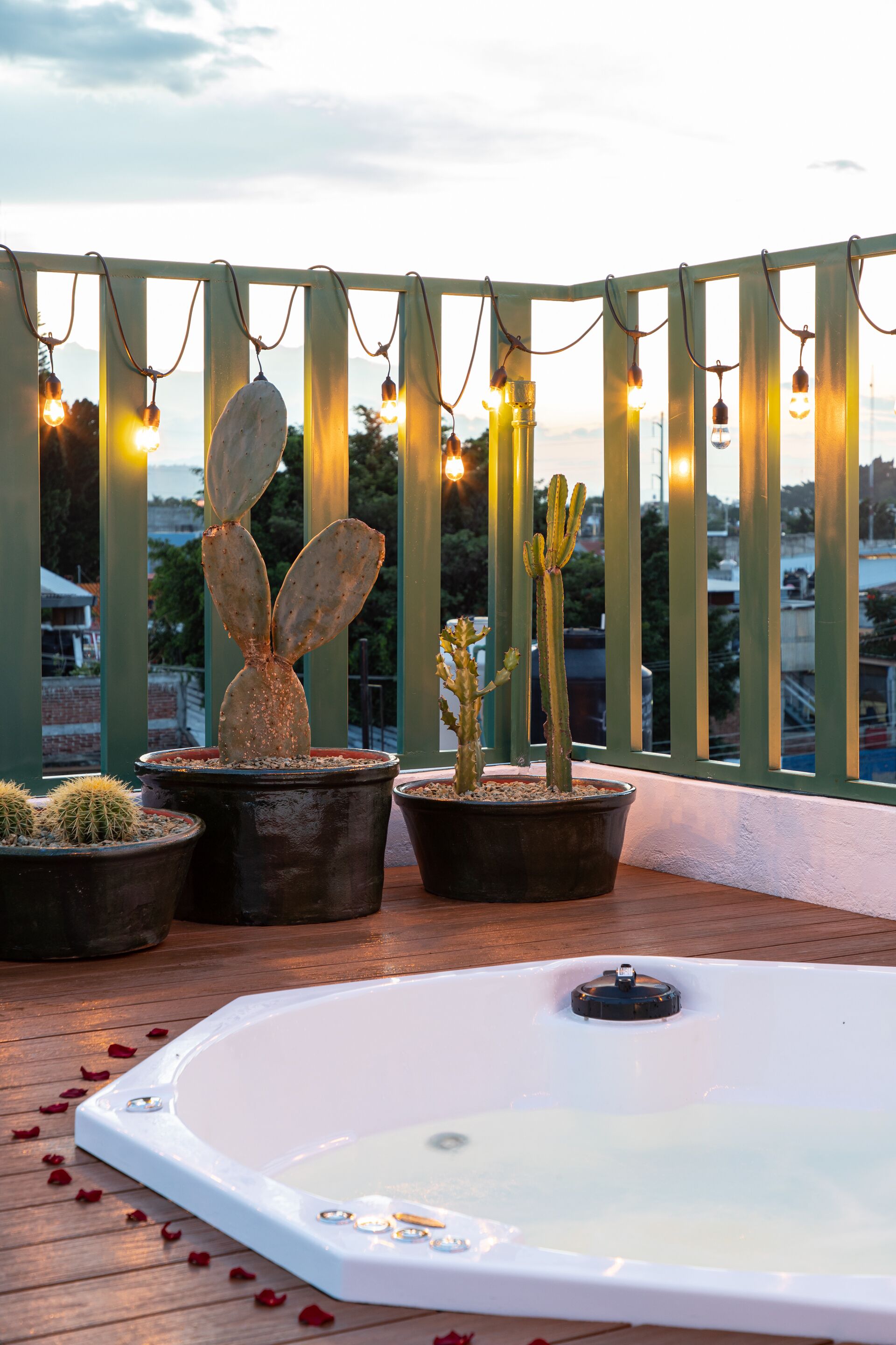 A rooftop terrace with a hot tub, potted cacti, and string lights.