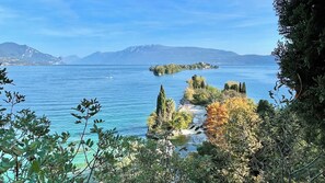 Eine Küstenlandschaft mit klarem, blauem Wasser, einer entfernten Bergkette und einer kleinen Insel mit Bäumen.