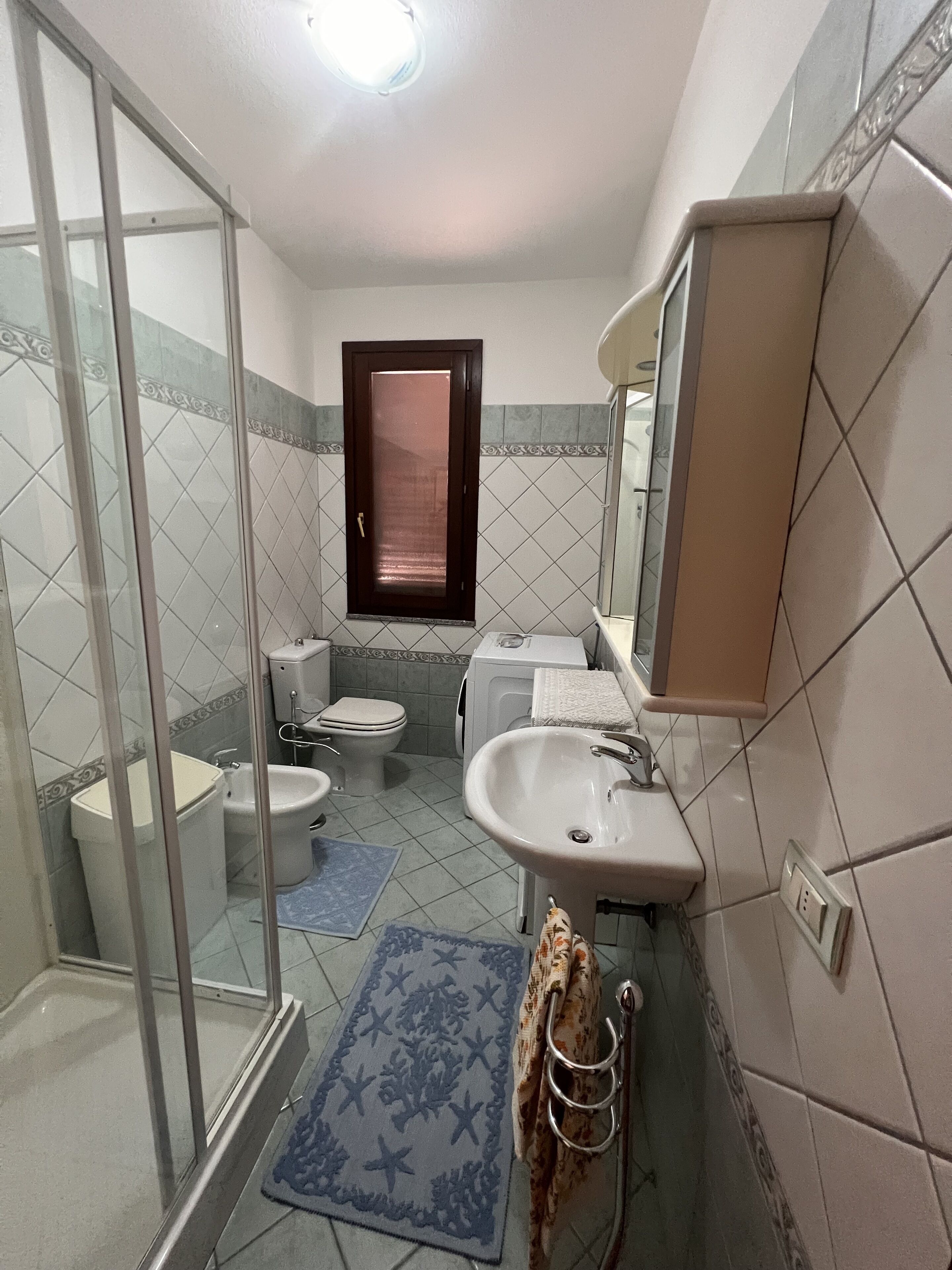 Een douche, een haardroger, een bidet, handdoeken