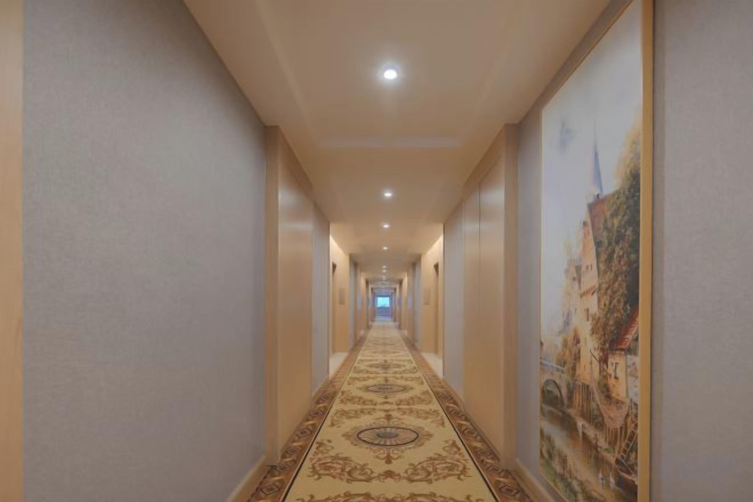 Passadís d'hotel amb un mosaic de moqueta, parets decorades amb obres d'art i il·luminació empotrada.