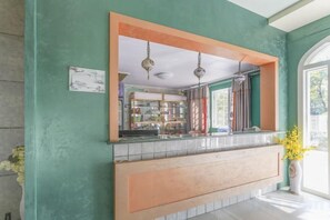 Ein Empfangsbereich mit Theke, Spiegel und Blick ins Innere.