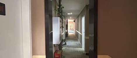 A hotel hallway with a carpeted floor, a fire extinguisher, and a door on the left.