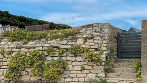 A stone wall with greenery and a wooden bench. - Côté Mer - Maison familiale accès privé à la plage (Sarzeau)