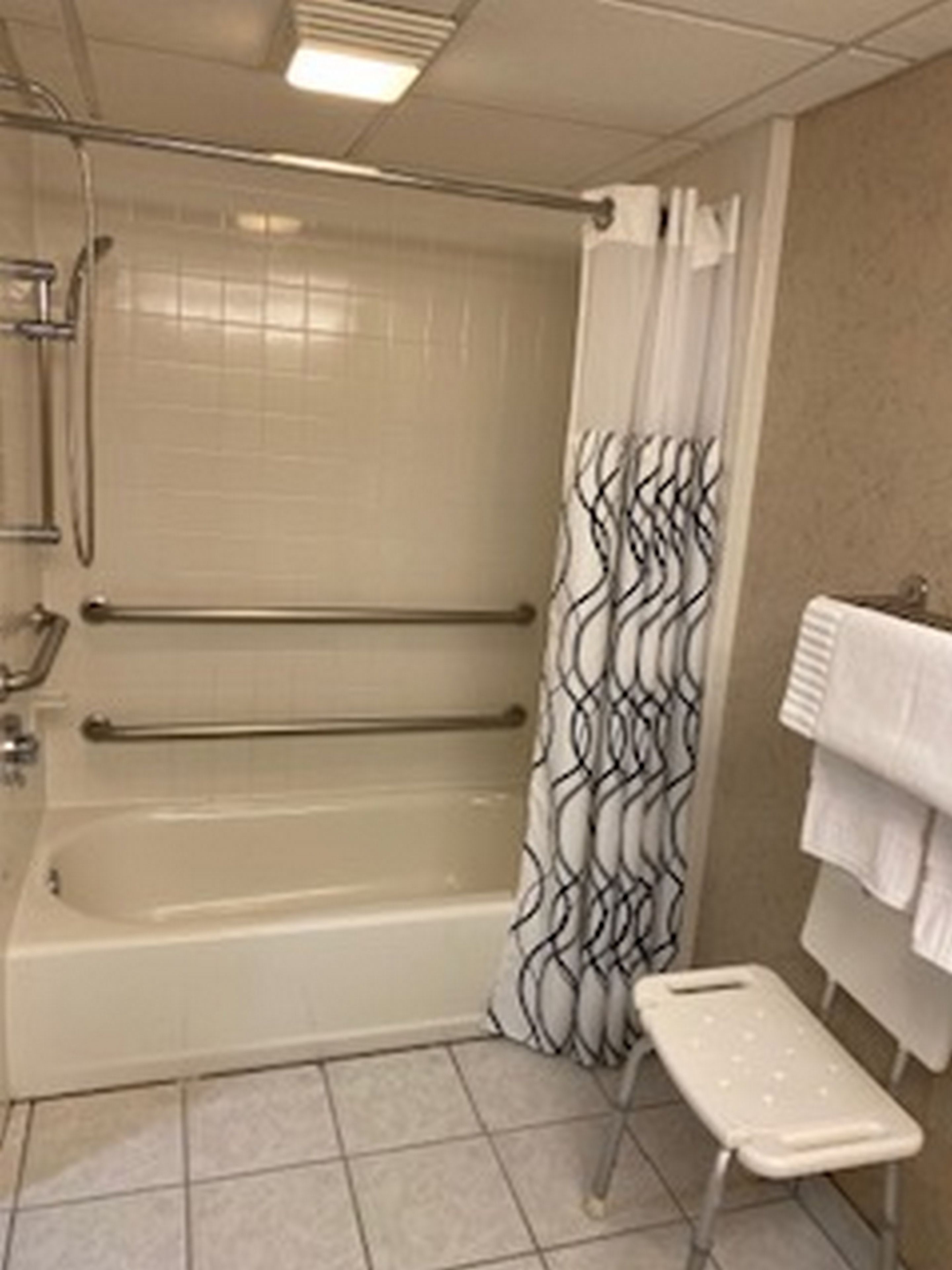 Une salle de bain équipée d’une baignoire, d’une douche, d’une barre d’appui, d’un porte-serviettes et d’un petit marchepied.