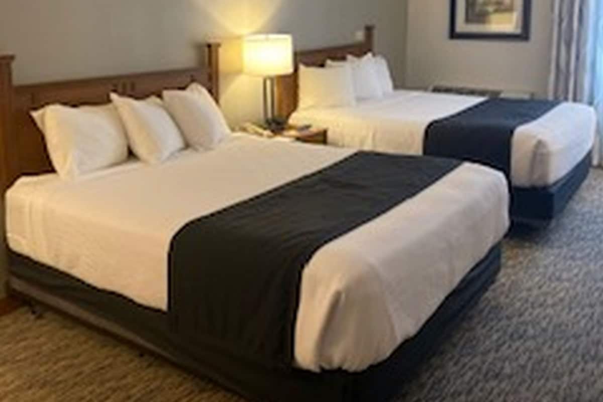 A hotel room with two beds, a nightstand with a lamp, and a framed picture on the wall.