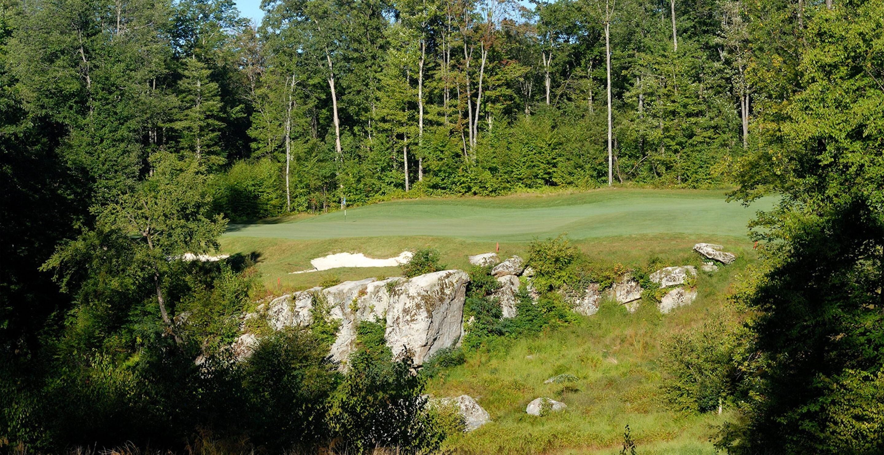 A golf course surrounded by dense forest.