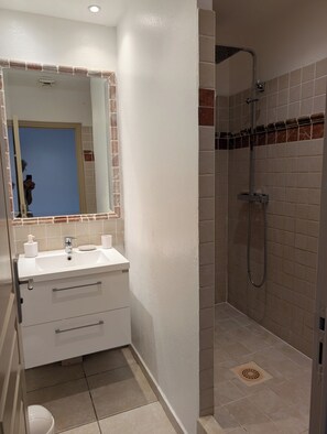 Hair dryer, towels, soap