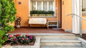 Een beige bank, een raam met planten en een klein tafeltje met schoenen.