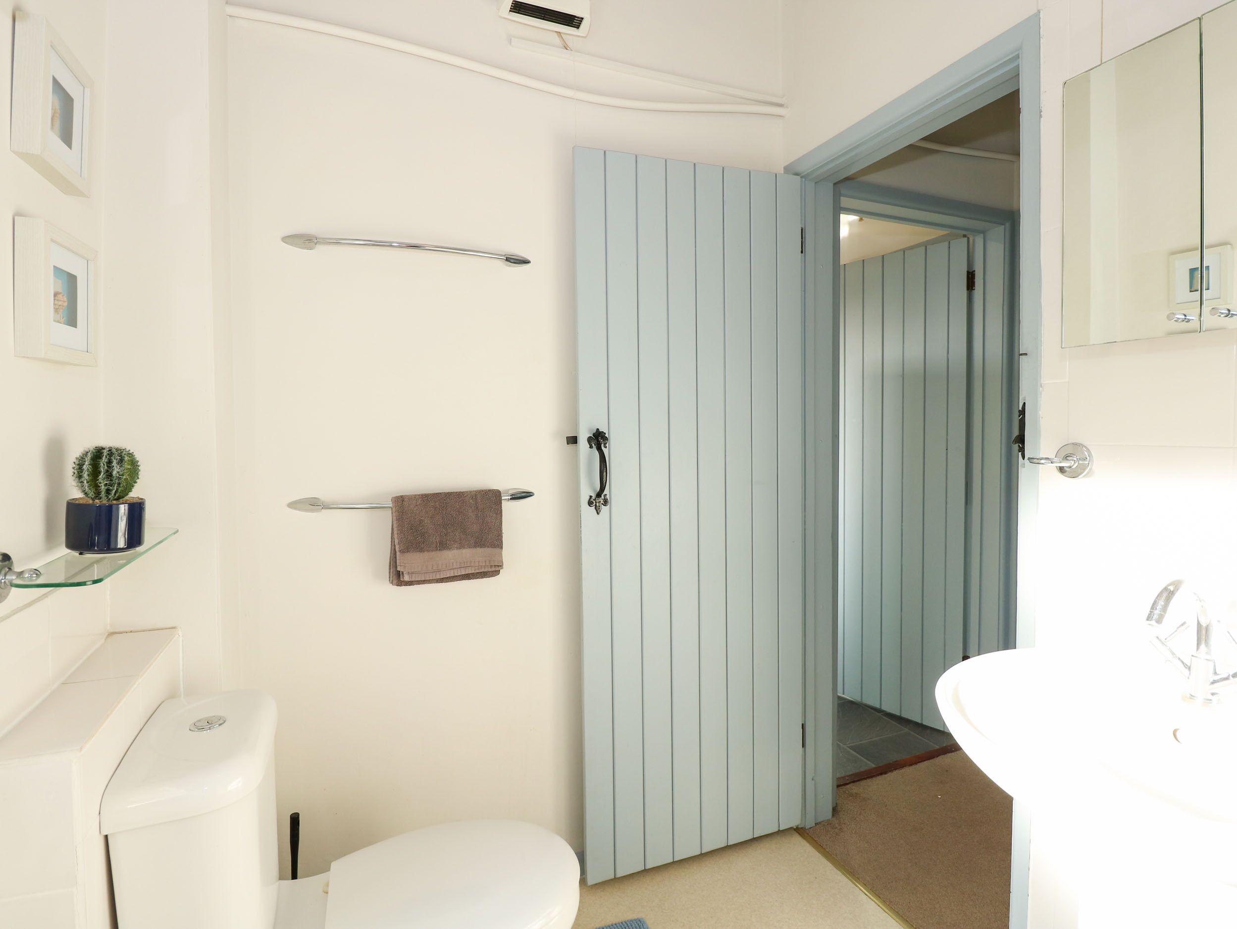 A bathroom with a white toilet, a glass shelf with a cactus, a towel rack, and a blue door leading to another room.