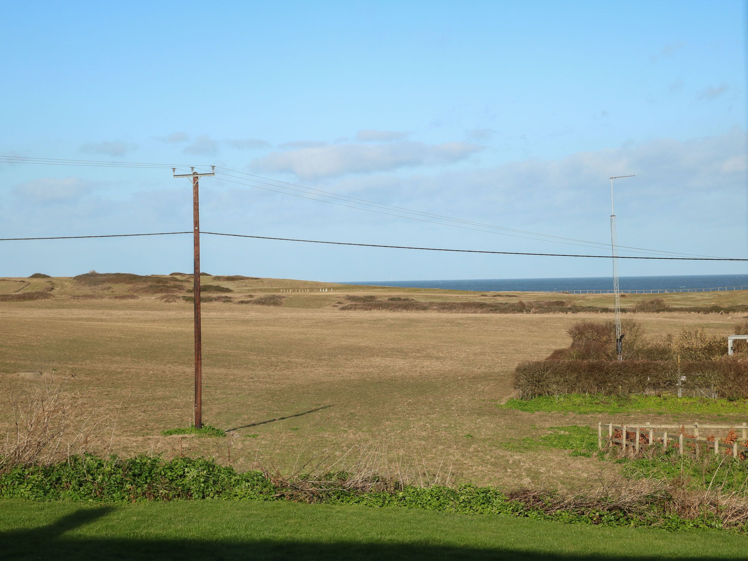 A rural landscape with a clear sky, power lines, and a distant view of the sea.