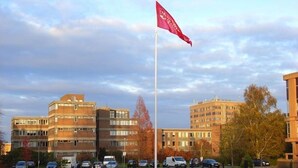 Un asta con una bandera, rodeada de césped y coches estacionados.