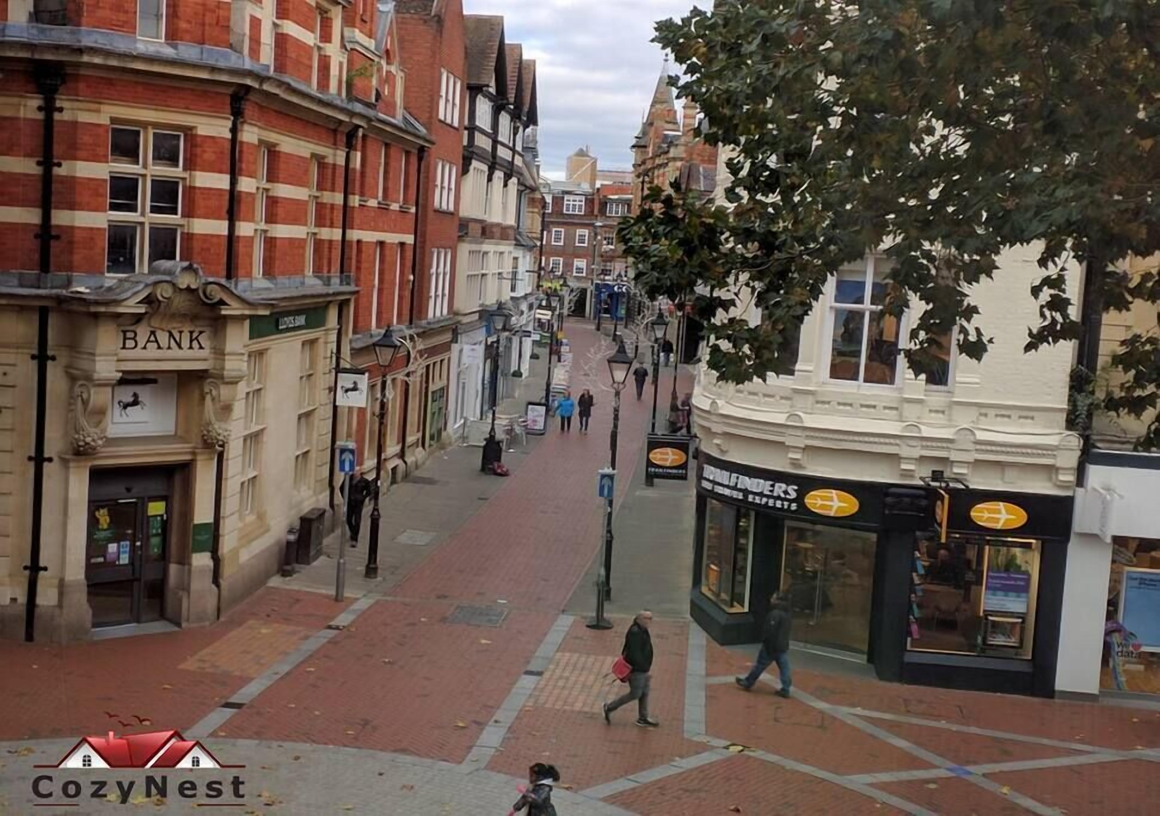 A street view with a bank, a travel agency, and a CozyNest hotel.