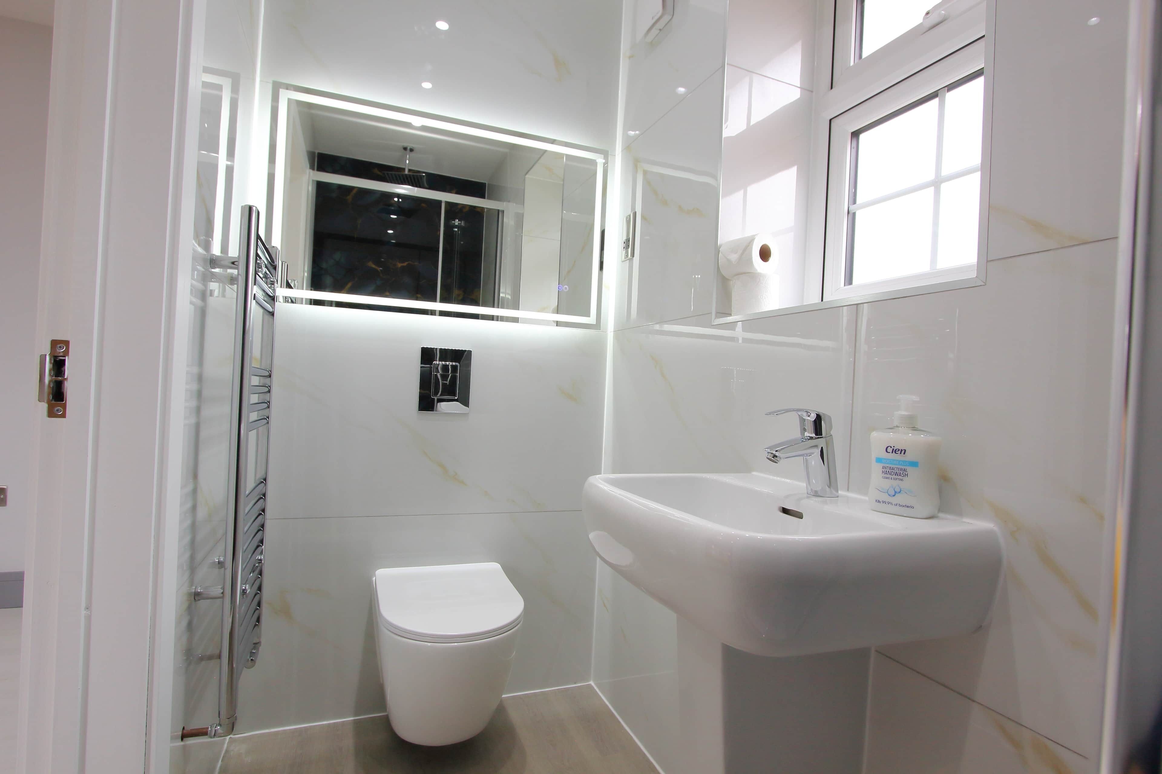 Hair dryer, towels, shampoo