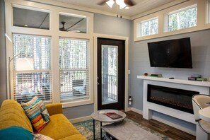 TV connectée, cheminée, livres