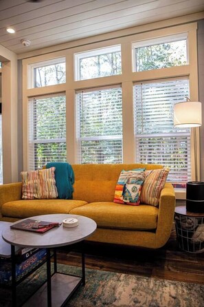 Smart TV, fireplace, books